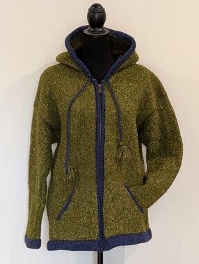 Vintage Olive Green Knit Hooded Zip Cardigan with Navy Trim